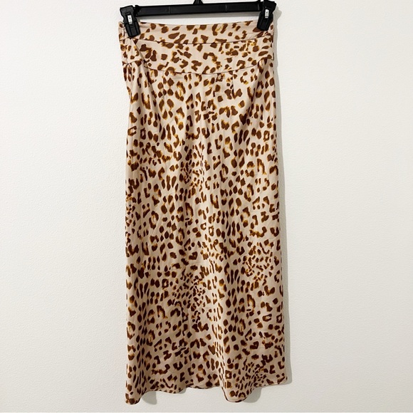 NWT Free People Normani Brown Leopard Print Satin Midi Skirt Size 4 - Picture 2 of 7